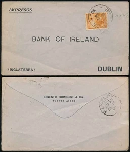 ARGENTINA to IRELAND 1906 ENVELOPE ERNESTO TORNQUIST + CO...H + K PACKET TPO - Picture 1 of 1