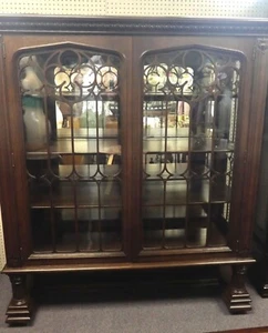 Antique Oak Continental Style Curio Cabinet. Glass Doors w/Wood Quatrefoils 65"H - Picture 1 of 10