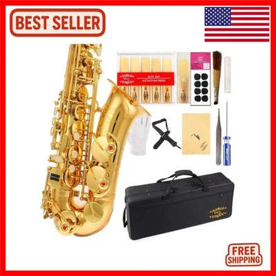 ** Juego de saxofón alto plano E lacado dorado - Completo con 11 cañas, 8 almohadillas, un... Foto 1 de 4