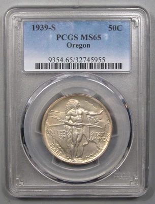 Gem BU 1939-s Silver OREGON Commemorative Half Dollar. PCGS MS65. - Image 1 of 4