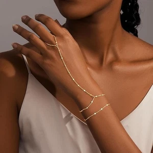 "Hand Chain Bracelet Ring Bracelet Hand Chain Dainty 14K Gold Finger Ring Slave - Picture 1 of 17