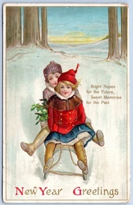AK Neujahrsgrüße Kinder auf Schlitten unsigniert Ellen Clapsaddle HC21 - Bild 1 von 2
