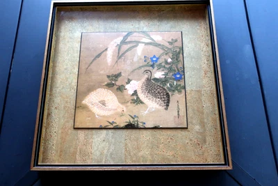 Vintage Chinese Bird Quail Raised Print on Board Glass Gold Framed 18.5" x 18.5" - Image 1 of 4