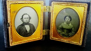 ANTIQUE 1856 DOUBLE DAGUERREOTYPE IN FLORENCE COMOUND UNION CASE - CONNECTICUT - Picture 1 of 10