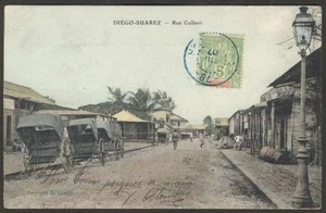 Madagascar Postcard Diego Suarez Rue Colbert Rickshaw Carts 1907 1 Colour Stamp - Picture 1 of 2