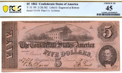 1862 $5 Confederate States of America T-53 PF-2 Note - PCGS XF45! Better Type! - Image 1 of 4