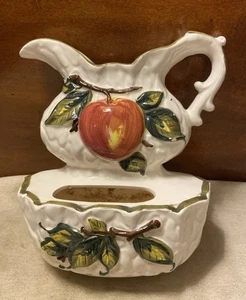 Jarra de cerámica vintage y cuenco bolsillo de pared con fruta de manzana - Japón - Imagen 1 de 9