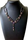 Pretty Floral Y Drop Necklace Pink Purple Enamel Crystals Black Gunmetal Chain 