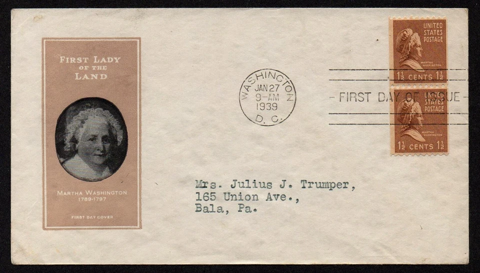 USA, SCOTT # 849, HARRY IOOR FDC COVER OF 1939 FIRST LADY MARTHA WASHINGTON - Image 1 of 1