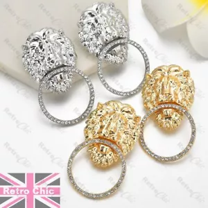 LION HEAD EARRINGS oversize DOORKNOCKER crystal circle DOOR KNOCKER studs LIONS - Picture 1 of 9
