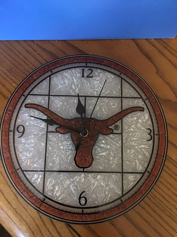 Texas Longhorns 10”ART GLASS Clock With Logo Battery Operated Cover