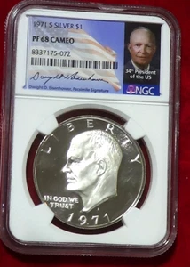 1971 S $1 NGC PF68 CAMEO EISENHOWER DOLLARO 40% ARGENTO IKE - Foto 1 di 2
