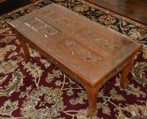 Vintage Solid Teak Wood Hand Carved Center Coffee Table with Glass Top Cover