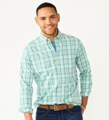 Camisa masculina Sonoma comprimento perfeito com botões - Xadrez verde azul - Pequena - Nova com etiquetas - Imagem 1 de 4