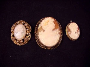 - 3 VINTAGE CAMEOS, ALL W/GF MOUNTS, ALL BEAUTIFULLY CARVED WOMEN'S PROFILES - Picture 1 of 7