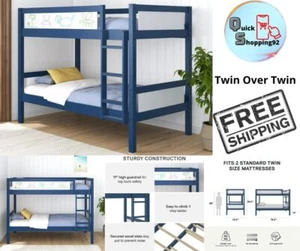 Twin Over Twin Bunk Kids Wood Bed Frame w/ Integrated Ladder & Safety Guardrails - Picture 1 of 10