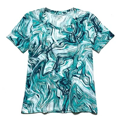 Camiseta Coral Bay, Turquesa, Gris y Blanco Abstracto Estampado Geométrico, Talla M Foto 1 de 3