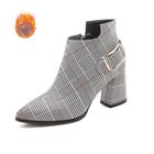 Women Autumn Winter Boots Buckle Thick High Heels Ankle Boots Plaid Pointed Toe
