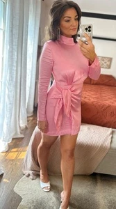 & Other Stories Size 8 Pink Silky Long Sleeve Tie Mini Dress - Picture 1 of 7