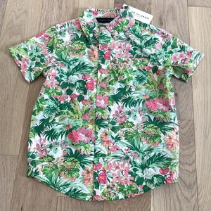 Janie & Jack Short Sleeve Poplin Shirt Size 4 Tropical Floral Pink Green New - Picture 1 of 8