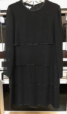 Vestido de Noche Kay Unger Negro Seda Cuentas Brillo Cóctel Adornado en Niveles 8 Foto 1 de 4