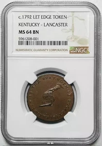 1792 Post Colonial Issues Kentucky Tokens NGC MS-64 BN KENTUCKY LANCASTER RARE! - Picture 1 of 2
