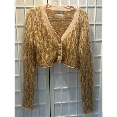 Кимчи синий укороченный кардиган пушистый животных печати розовый / желтовато-коричневый размер Med - Изображение 1 из 4