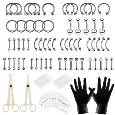 84Pcs Body Piercing Tool Kit Ear Lip Tongue Nose Navel Nipple Rings Professional - Image 1 of 4