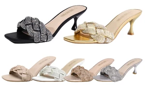 Women Low Stilettos Heel Open Square Toe Slip On Comfortable Heel Sandals - Picture 1 of 32