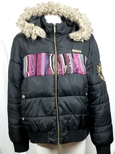 COOGI Vintage Womens Puffer Hooded Coat /Jacket Black Rainbow Embroidered Sz 2X - Picture 1 of 12