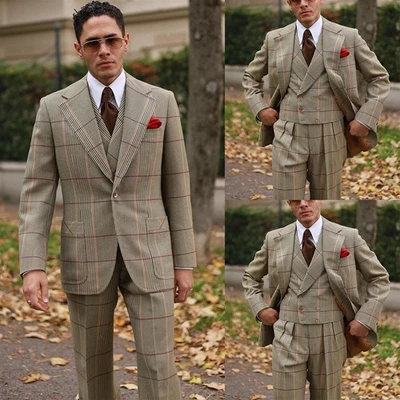 Business Mens Suits Checked Striped Regular Fit Peak Lapel Outwear Work Casual - Image 1 of 4