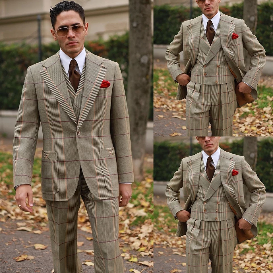 Business Mens Suits Checked Striped Regular Fit Peak Lapel Outwear Work Casual - Image 1 of 1