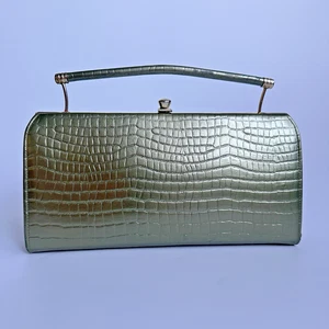 VTG Town Country Metallic Green Gold Faux Leather Clutch Purse Evening Hand Bag - Picture 1 of 18