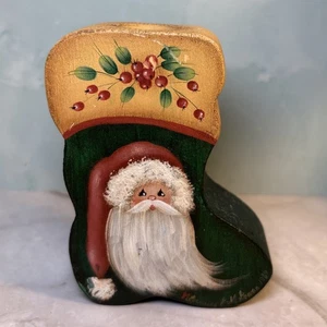 Candelabro de madera de Papá Noel firmado por artista de colección 4” H ~ Lorraine McGowan 1989 - Imagen 1 de 7