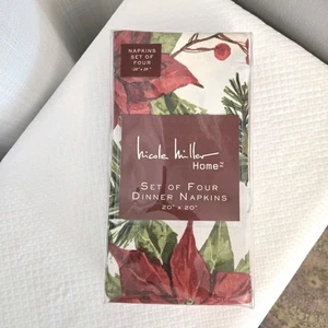 Nicole Miller Poinsettia Cloth Napkin Set Of 4 Cotton 20x20 Christmas Table  - Picture 1 of 5