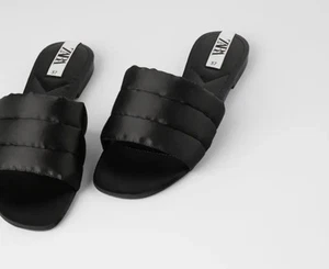 Zara Puff Satin Flat Slides Sandals In Black Size 39 (8)  - Picture 1 of 4