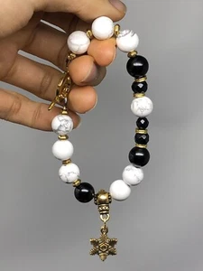 Snowflake Howlite - Obsidian Toggle Clasp Bracelet 10mm Reiki 1 Of A Kind P17 - Picture 1 of 6