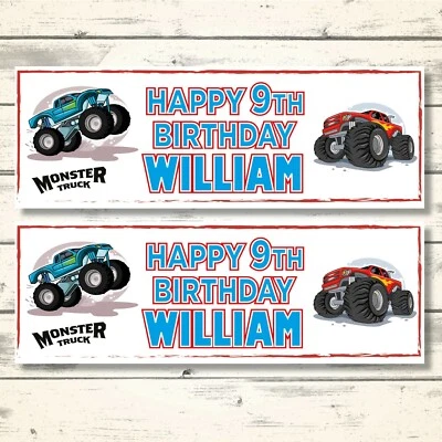 2 PERSONALISED MONSTER TRUCK BIRTHDAY BANNERS - ANY NAME - ANY AGE - Image 1 of 3