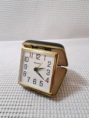 Bulova Travel Alarm Clock Wind Up Black Hard Case Radium Dials 30 Hour, Working Cover