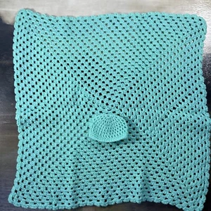New HANDMADE Teal Blue 30"x30" Crocheted Baby Blanket and Hat Cap Crochet Kids - Picture 1 of 6