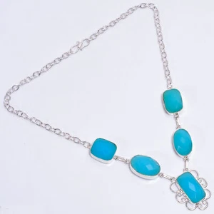 Natural Blue Chalcedony Gemstone Fashion Jewelry 925 Silver Necklace 18-20" N294 - Picture 1 of 3
