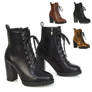 Womens Chelsea Boots Ladies Ankle High Block Heel Platform Lace Up Biker Booties - Picture 1 of 45