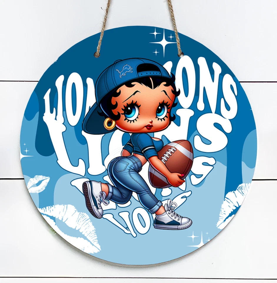 Letrero redondo de metal interior/exterior inspirado en Betty Boop Detroit Lions de 10" Foto 1 de 1