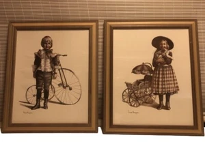 2 Vtg Signed Prints by Joanne Thompson ~Old Fashion Girl & Boy ~19”x23” ~Framed - Picture 1 of 7