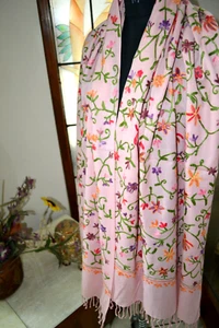 CREWEL EMBROIDERED 100% CASHMERE PASHMINA PINK SHAWL - Picture 1 of 7
