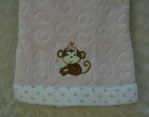 Little Me Monkey Baby Blanket Pink White Hearts Edge Trim Brown Tan Bow Flower - Picture 1 of 6