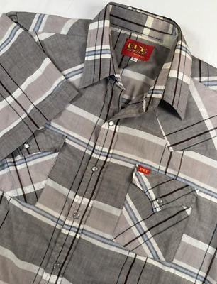 De Colección Ely Plains Western Pearlsnap Manga Corta Para Hombre Grande Gris A Cuadros Rodeo Foto 1 de 4