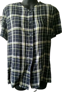 MONARI Short Sleeve Plaid V Neck Button Linen Blend Blouse Shirt Blue Yellow L - Picture 1 of 11