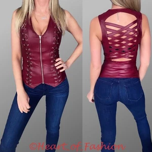 SEXY FAUX LEATHER ZIP UP Front Lace Up Strappy Fitted SLIMMING Vest Club Top - Picture 1 of 12