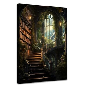 Vintage Bibliothek Wandbild Dunkelgrün Gothic Bibliothek Poster Mittelalter Burg Pai... - Bild 1 von 7